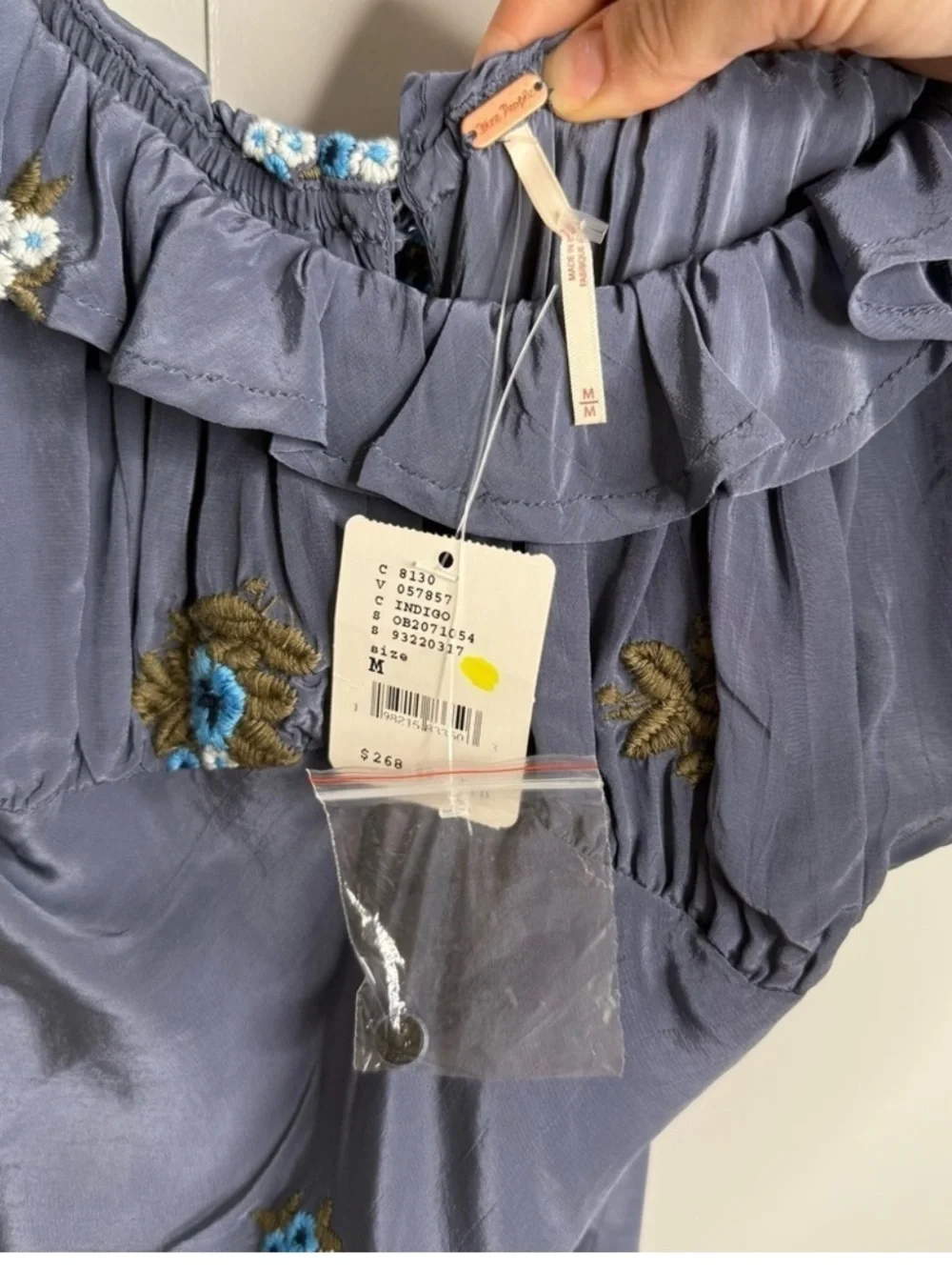Free People Bali Santa Cruz Ruffle Floral Embroidery Blue Maxi Dress Medium NWT